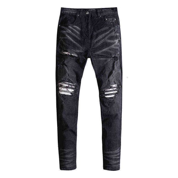 

men's jeans fashion brand black cow washing water hole worn contrast color patchwork slim fitting jeans men's high street, Blue