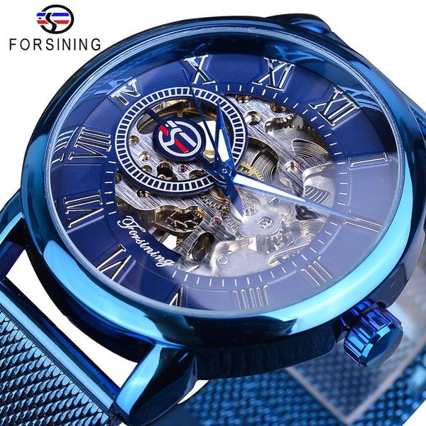 

forsining new arrival blue mechanical watch mens casual fashion hand wind ultra thin slim mesh steel belt sports watches relogio275u, Slivery;brown