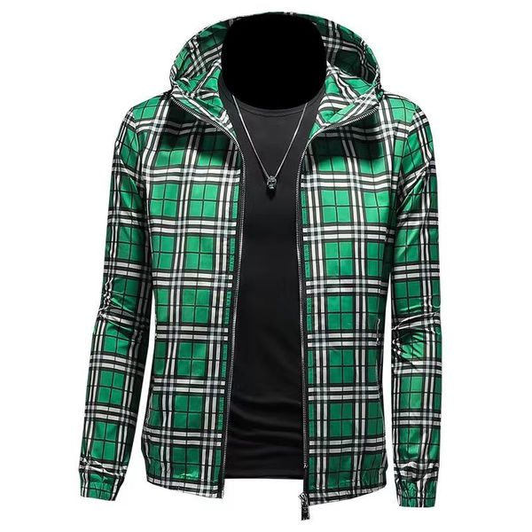 

spring and autumn new checker print hooded jacket men's fashion trend versatile coat men, Black;brown