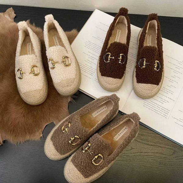 

dress shoes autumn and winter plush style small and popular style thick bottom straw woven lamb wool metal buckle fisherman's shoes woo, Black