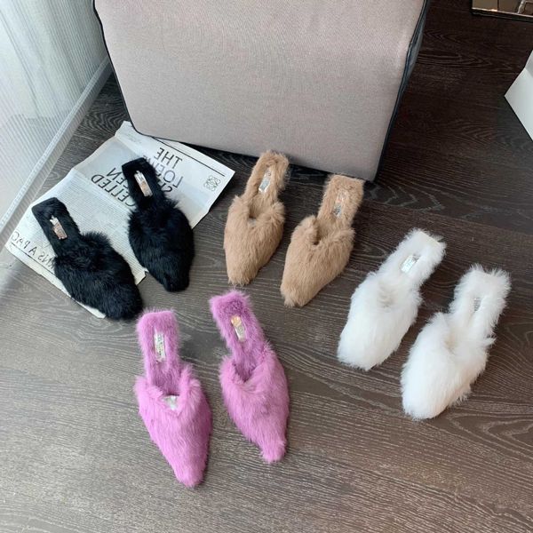 

slippers autumn and winter new women's shoes temperament pointed genuine leather rabbit capillary heel women's slippers, Black