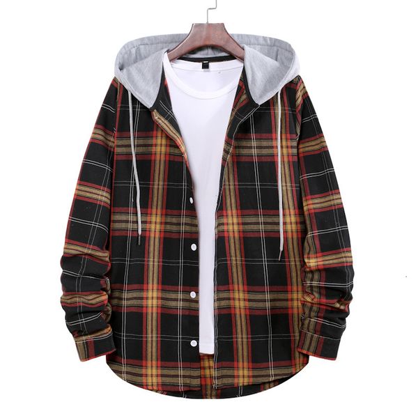 

mens casual shirts mens loose plaid hooded shirt 2023 spring autumn korean version large size fashion casual long sleeve shirt men s2xl 2301, White;black