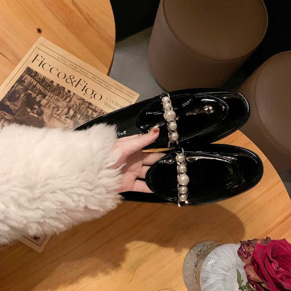 

dress shoes spring and autumn new pearl chain mary jane shoes flat bottom le fu shoes female, Black
