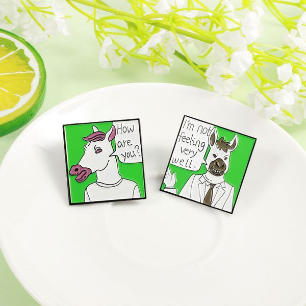 

cartoon handsome horse dialog box alloy brooch simple care greeting design trend animal badge pin how are you i'm not feeling well pin, Blue