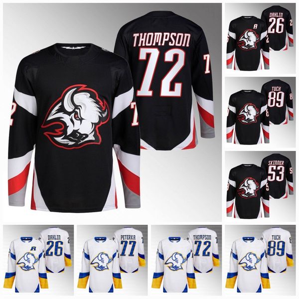 

72 tage thompson 2022-23 reverse retro third sabres jersey rasmus dahlin owen power jeff skinner victor olofsson kyle okposo cozens alex tuc, Black;red
