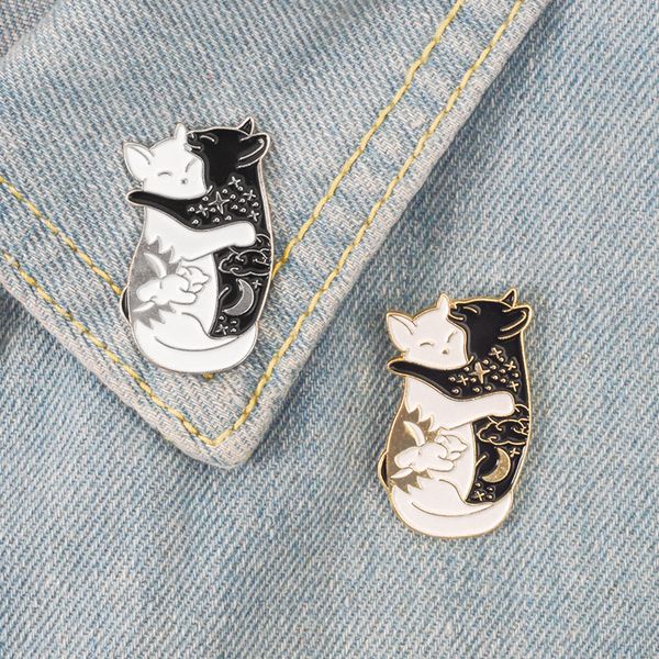 

black two-color cat hug design oil drop brooch jewelry yinyang cats pin badges, Blue