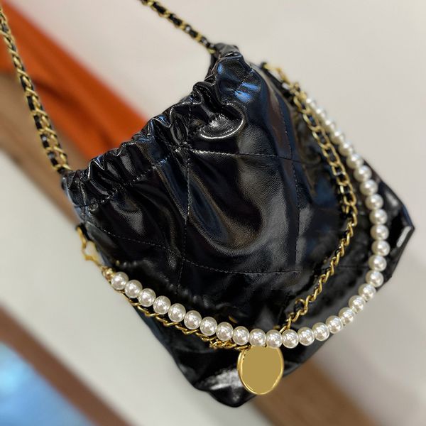

womens designer calfskin 22 shopping bags with pearl chain handle totes bucket purse silver/gold metal hardware matelasse crossbody shoulder