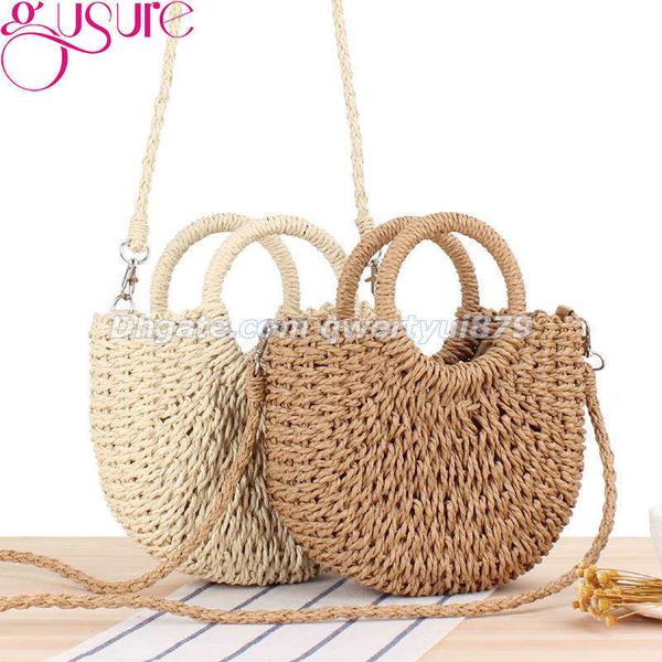 

totes gusure handmade half-round rattan woven str crossbody bag summer beach women messenger shoulder bags girls small handbag 012223h