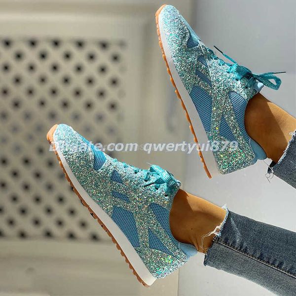 

2022 new dress shoes women flat glitter sneakers casual bling vulcanized shoes female mesh lace up platform comfort plus size fashion ladies, Black