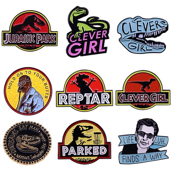 

jurassic park enamel pins skeleton dinosaur clever girl jeff goldblum ray arnold brooch survive adventure movie jewelry, Blue