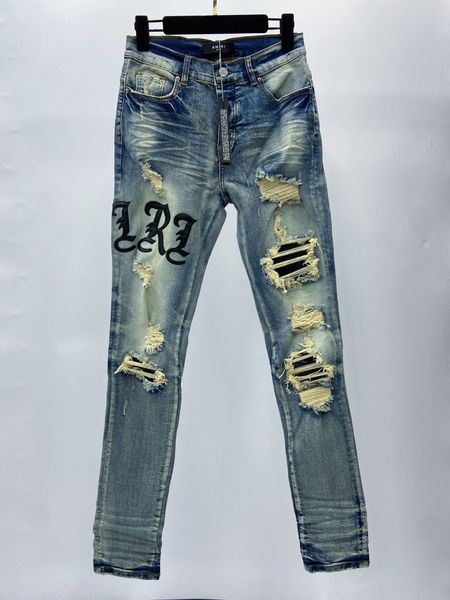 

2023 year new great mens distressed ripped skinny letter designer jeans ~ us size 28-38 jeans ~ slim motorcycle moto biker causal denim pant, Blue
