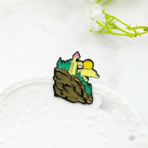 

lighthouse scenery badge observation tower mountain forest sun cloud enamel brooch lapel pin gifts for friends, Blue