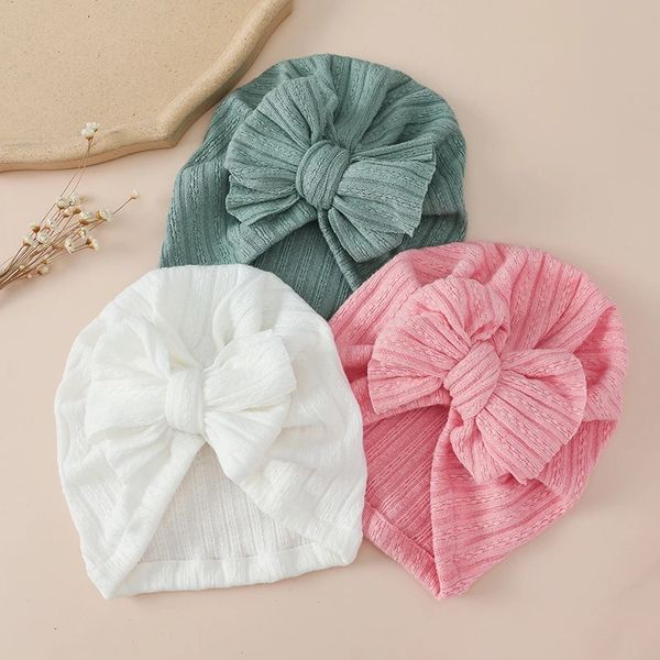 

caps hats striped jacquard knitted beanie for newborn baby turban hat big bow infant bonnet toddler soft warm cap headwear skullies, Yellow