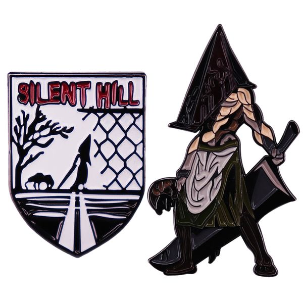 

horrible movie silent hill pyramid head brooch enamel pin brooches metal badges lapel pins denim jacket jewelry accessories, Blue