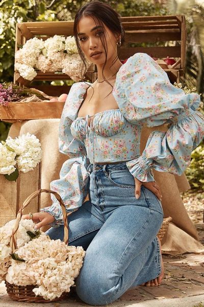 

women t-shirts long sleeve floral digital printing feminine square neck autumn fashion lantern sleeve floral shivering clothing, Black