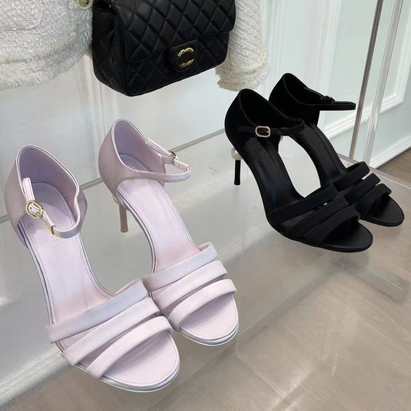 

2023 designer womens luxury pearl sandals women satin material elegant temperament black white one word buckle shoes ladys back heel high he