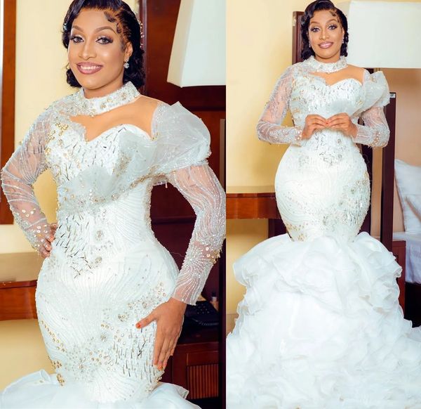 

2023 luxury beaded mermaid wedding dresses bridal gown long sleeves ruffles high neck illusion custom made beach country plus size vestido d, White