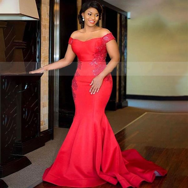

modest long red satin evening dress with appliques off shoulder sweep train formal women prom dresses party robe de soiree, Black;red