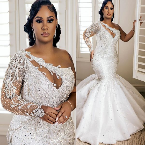 

2023 arabic aso ebi luxurious mermaid wedding dress crystals beaded stunning bridal gowns dresses zj644, White