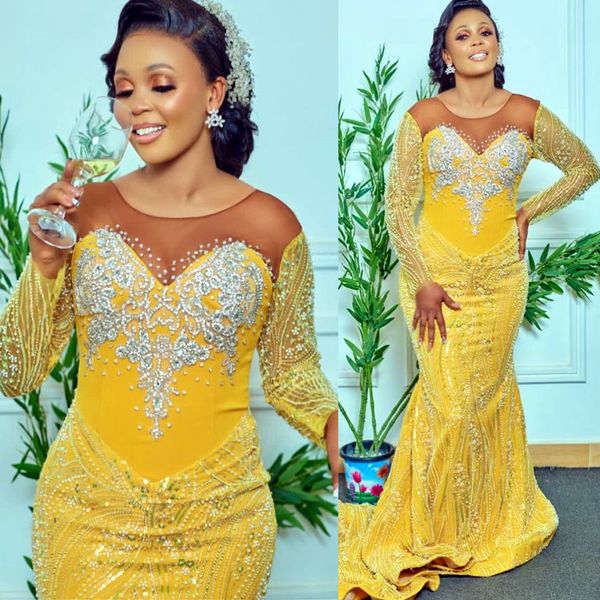 

2023 arabic aso ebi yellow mermaid prom dresses beaded crystals lace evening formal party second reception birthday engagement gowns dress z, Black