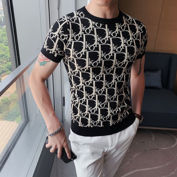 

british style quality men short sleeve knit t-shirts/male slim fit o-neck letter printing t-shirt homme s-4xl, White;black