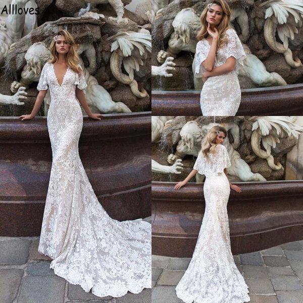 

designer mermaid wedding dressse for brides v neck flare sleeves boho trumpet bridal gowns elegant lace appliqued champange lining vestidos, White