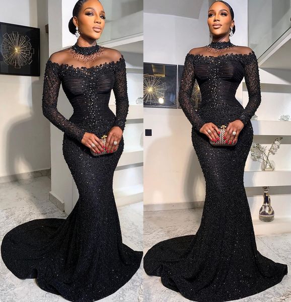 

2023 arabic aso ebi black mermaid prom dresses lace beaded evening formal party second reception birthday engagement gowns dress zj707