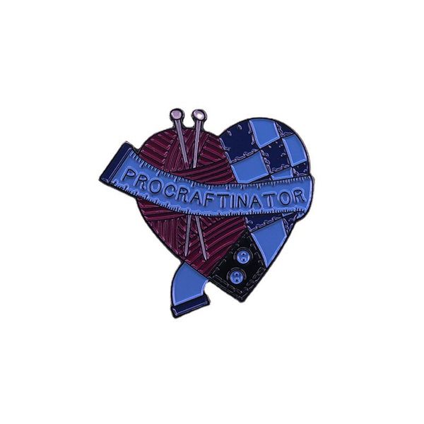 

procraftinator heart-shaped knitting yarn ball metal enamel badge brooch pin, Blue