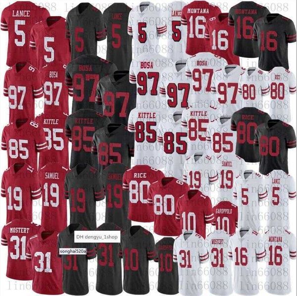 

2023 men football 5 trey lance 85 george kittle 97 nick bosa 31 raheem mostert 19 deebo samuel 80 jerry rice 16 montana 10 jimmy garoppolo, Black;red