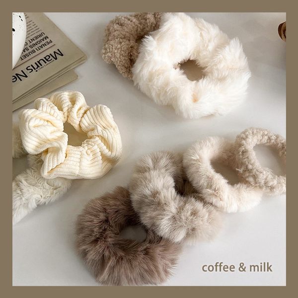 

new cute hair ribbon accessories fake fur rope scrunchies women girls elastic hairs rubber bands plush ponytail holder 1475, Slivery;white
