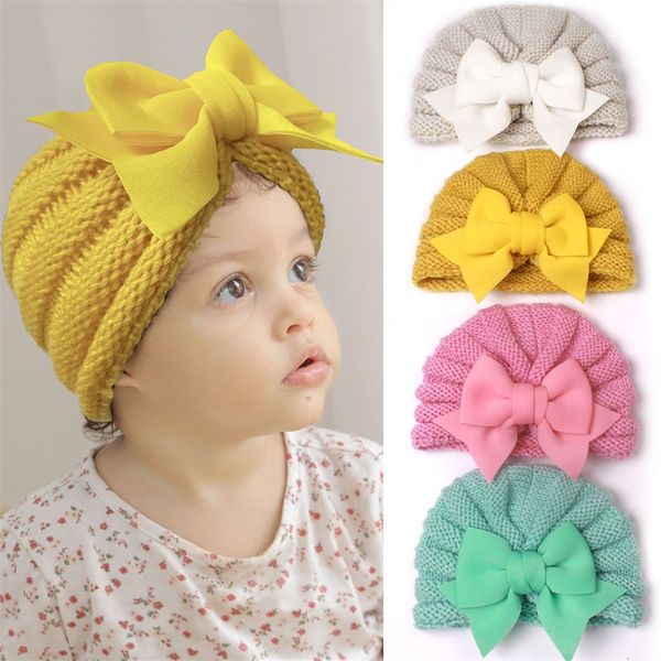 

baby autumn and winter warm knitted hat childrens bow pullover cap baby wool hat, Yellow
