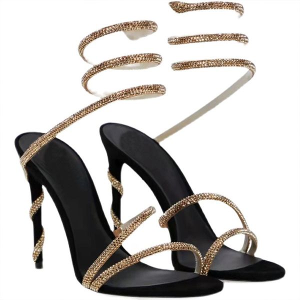 

brand of open-toe sandals 2023 new designer french celebrity diamond ribbon snake around the foot fashion slim high heel round head women&#0, Black