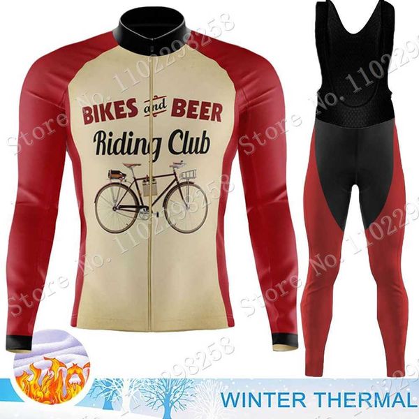 

designer bikes beer riding 2022 cycling jerseys sets winter fleece clothing suit mens long sleeve shirt mtb bike road winter pants bib ropa, Black;red