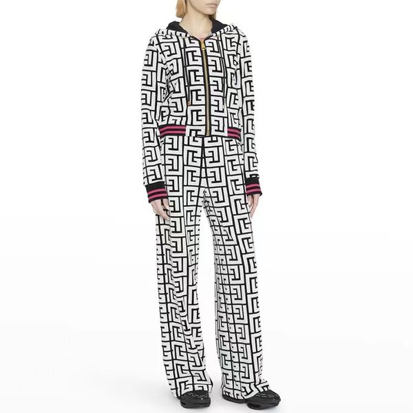 

womens two piece sets pants hooded maze grid new women's long sleeve velour coat pencil pants sets bodycon jacquard bandage elegant par, White