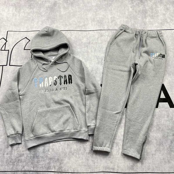 

men women color flocking hoodie sweatshirt suit trapstar fleece set hoody, Gray
