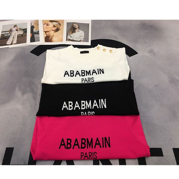 

women's fashion women summer t luxury shirt brand knits spring solid color letter knit sweater o-neck short sleeve gold button loose ca, White