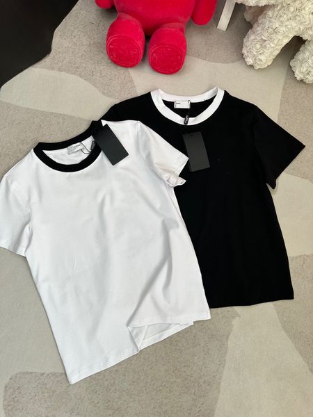 

women's spring new fashion chest embroidery black and white contrast design cotton fabric fit embroidered bead short sleeve