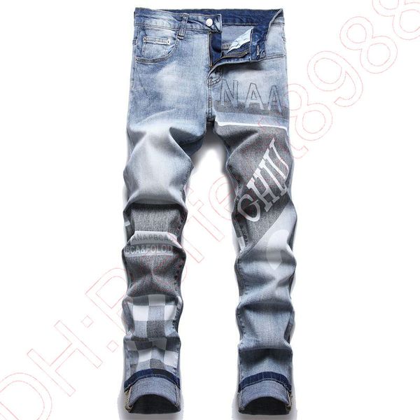 

new jeans chino pants pant men's trousers stretch close-fitting slacks washed straight skinny embroidery patchwork ripped mens trend br, Blue