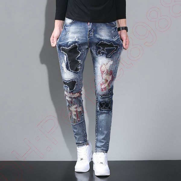 

new jeans chino pants pant men's trousers stretch close-fitting slacks washed straight skinny embroidery patchwork ripped mens trend br, Blue
