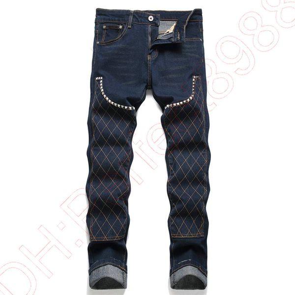 

new jeans chino pants pant men's trousers stretch close-fitting slacks washed straight skinny embroidery patchwork ripped mens trend br, Blue