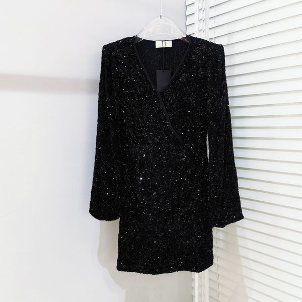 

women's dress the latest style is full of sequins elegant v-neck cross shoulder pad design in front of the chest is necessary for party, White;black