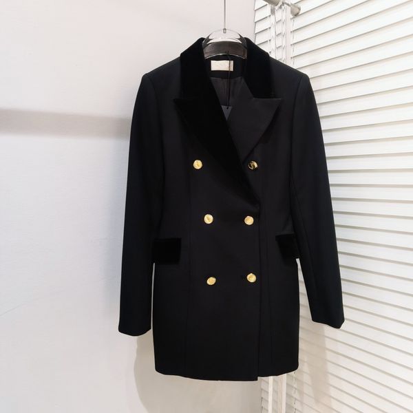 

women's suits 2023 spring style new double-breasted velvet mid-length suit coat wool fabric custom metal button collar asymmetric mater, White;black