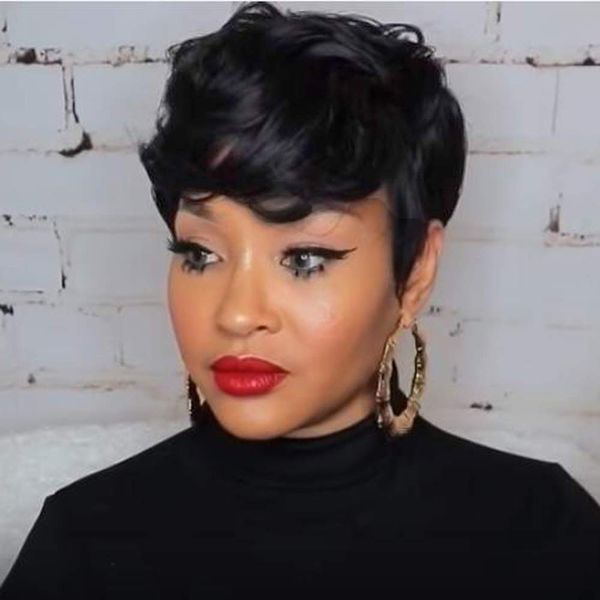 

pixie cut wig with bangs short layered black wigs for women 100 human full machine made wigs none lace front daily wear 150%density, Black;brown