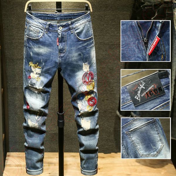 

new jeans chino pants pant men's trousers stretch close-fitting slacks washed straight skinny embroidery patchwork ripped mens trend br, Blue