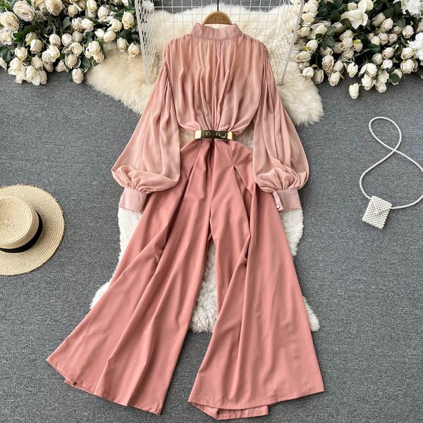 

spring autumn women jumpsuits stand collar puff sleeve jumpsuits office lady empire slim jumpsuits loose wide leg jumpsuit with belt 2023, Black;white
