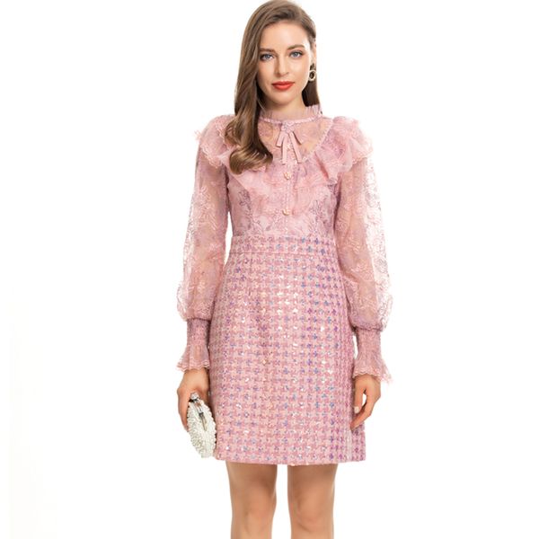 

women's runway dresses stand collar long sleeves embroidery lace patchwork elegant fashion designer dress vestidos, Black