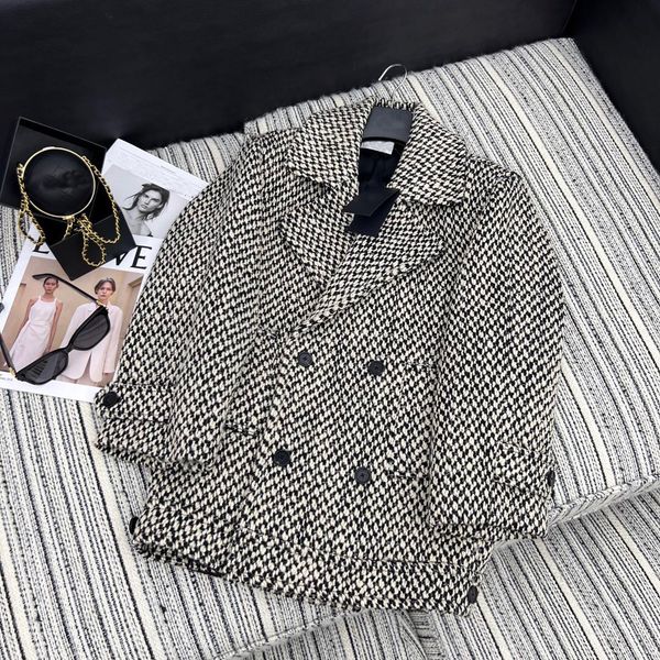 

women's wool strongly recommends autumn and winter series wool black and white texture tweed double-breasted casual coat with