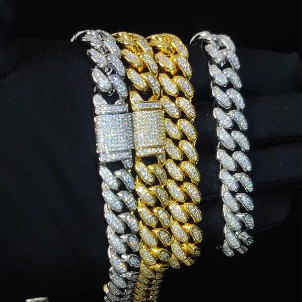 

mens heavy chain width 12mm 18-24inch 18k gold plated shiny cz stone cuban chain necklace bracelet jewelry for men punk jewelry heavy chains, Silver
