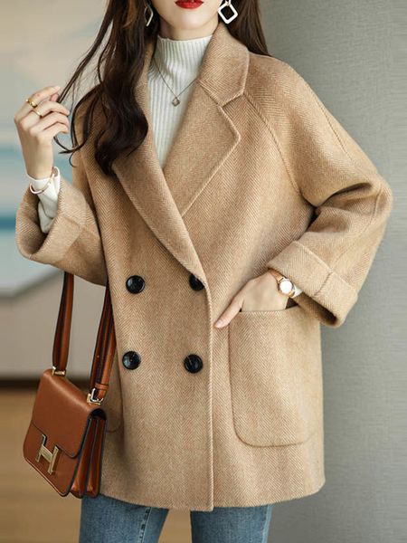 

spring autumn women wool & blends office lady turn-down collar double breasted jacket vintage women striped woolen jacket coat 2023, Black