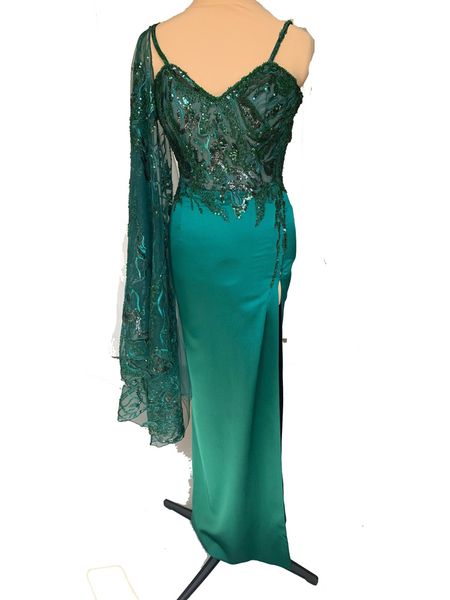 

stunning green evening dress long prom gowns sheer with embroidery beading side split runway gowns with cape, Black;red